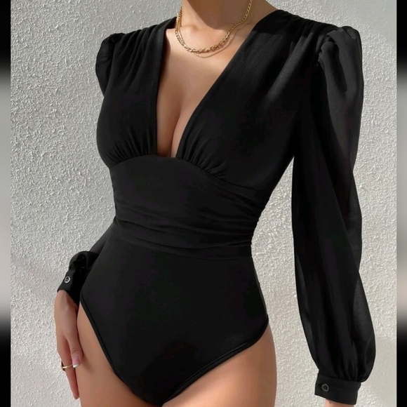 Plunging Neck Bishop Sleeve Ruched Bodysuit - Picture 1 of 4